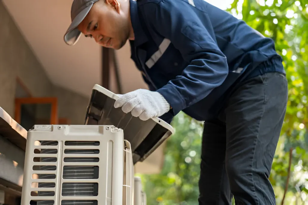 Skilled technician repairing an AC system, trusted Air Conditioning Contractor in Montverde.